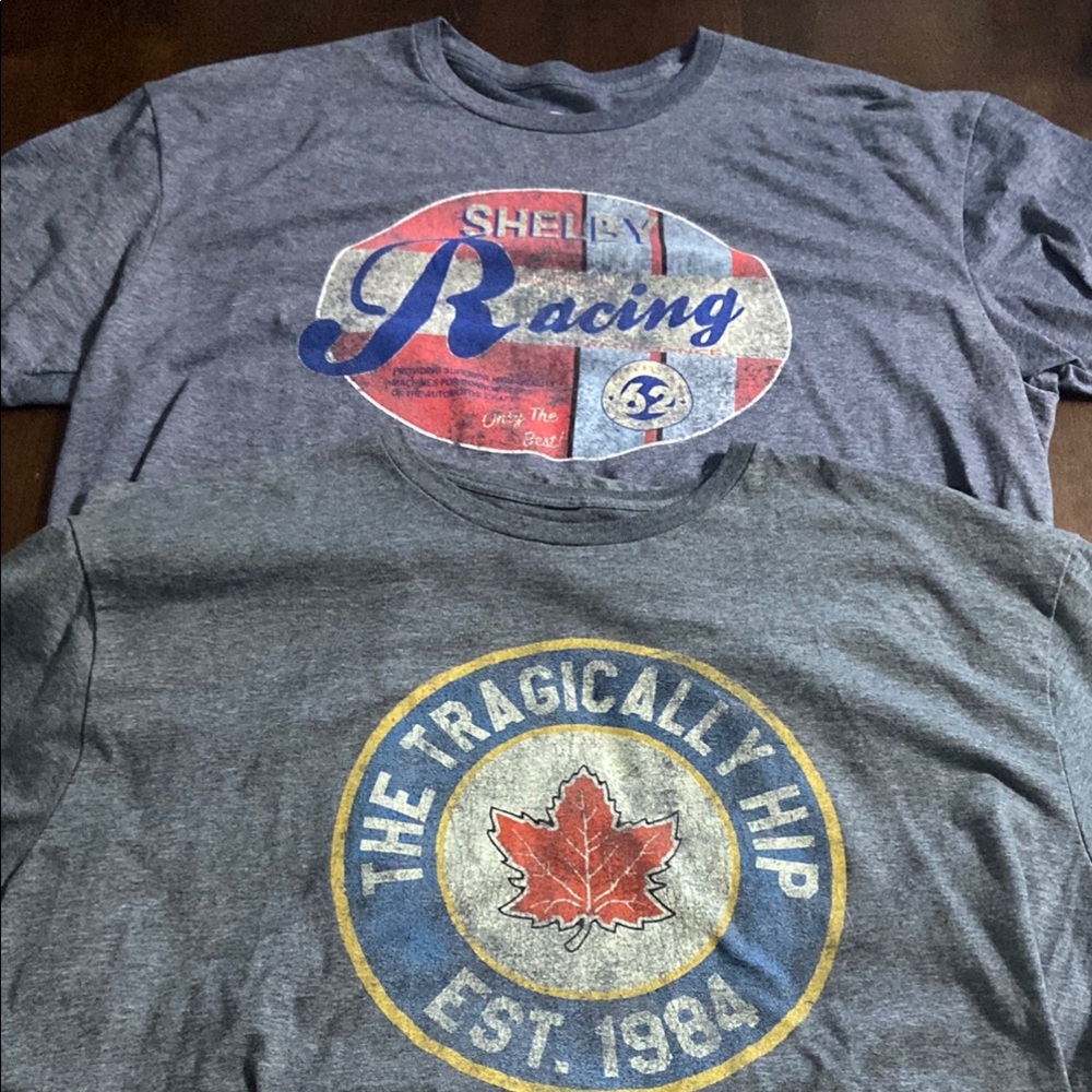 Shelby Racing and The Tragically Hip Gray T-Shirts both size XL